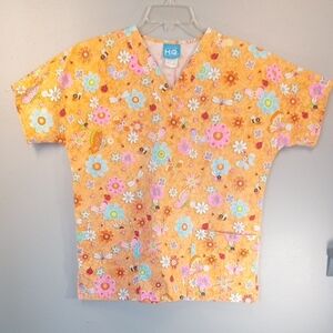 Scrub H.Q. Colorful Floral Short Sleeve Scrub Top Size Xs